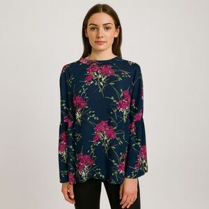 LOFT Black blue purple Long Wide Sleeve Lightweight Floral Blouse Tow Back M